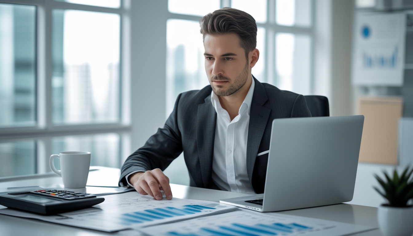 Seorang profesional bisnis duduk di meja modern sambil menganalisis data menggunakan laptop dan tablet di kantor yang terang dan rapi.