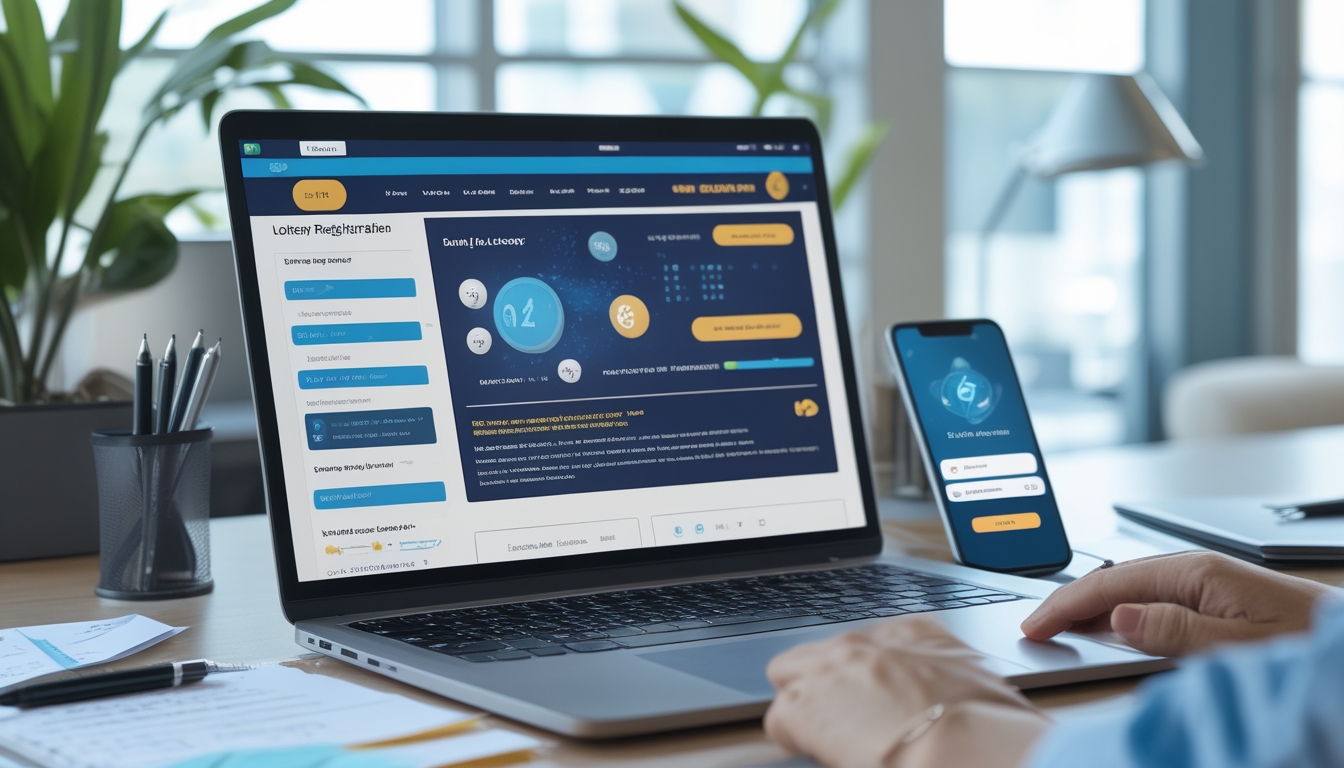 Sebuah ruang kerja modern dengan laptop yang menampilkan antarmuka situs togel, dikelilingi oleh catatan dan ponsel, dalam suasana kantor yang terang dan rapi.