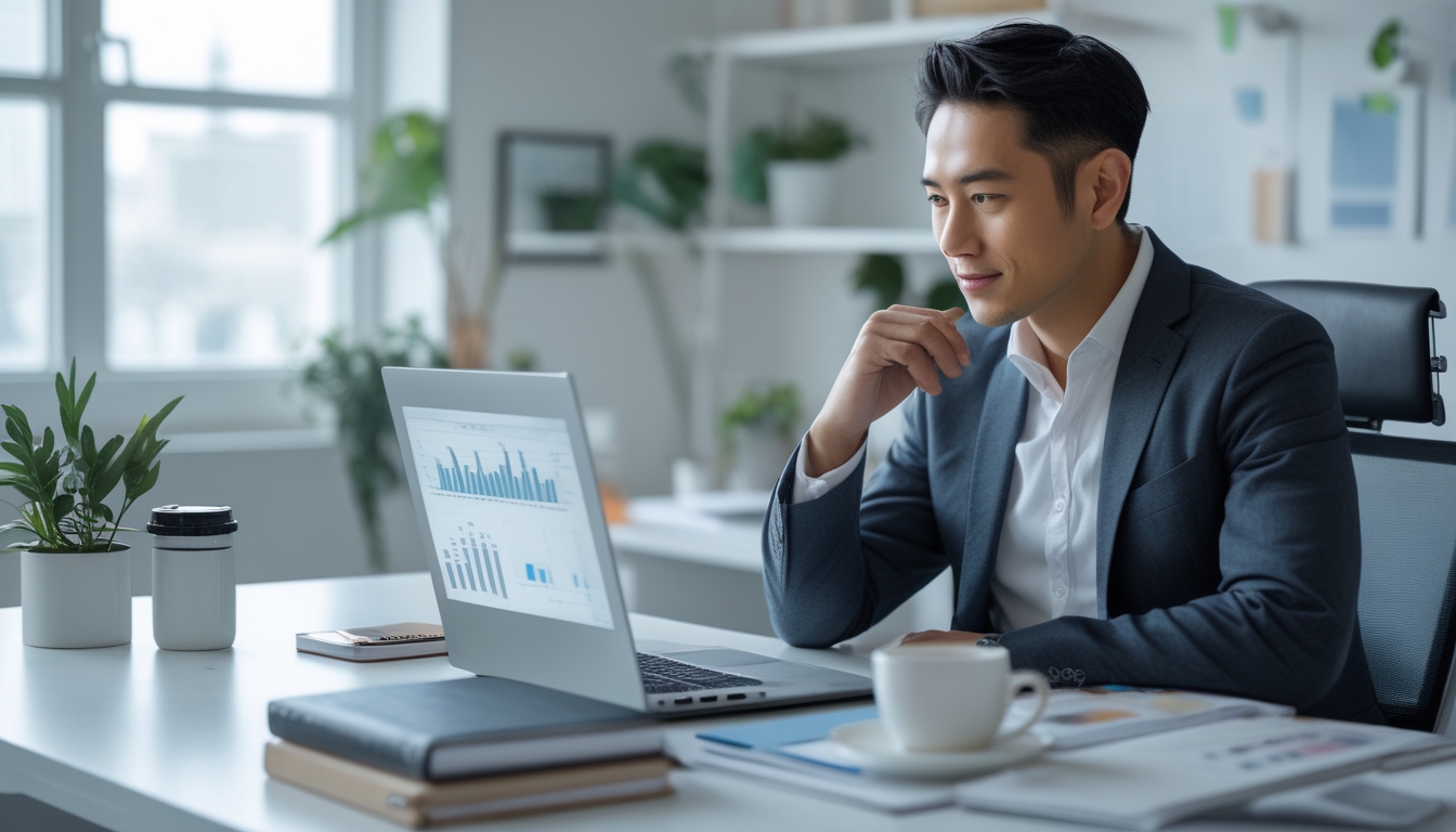 Seorang pria Asia duduk di meja kantor modern sambil menganalisis data di laptop dengan latar belakang kantor yang terang dan rapi.