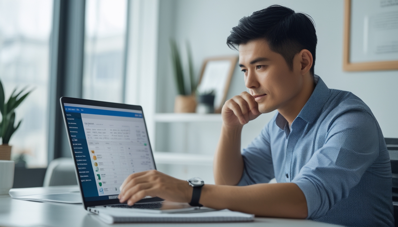 Seorang pria Asia Tenggara duduk di meja kantor modern sambil melihat layar laptop dengan ekspresi fokus.