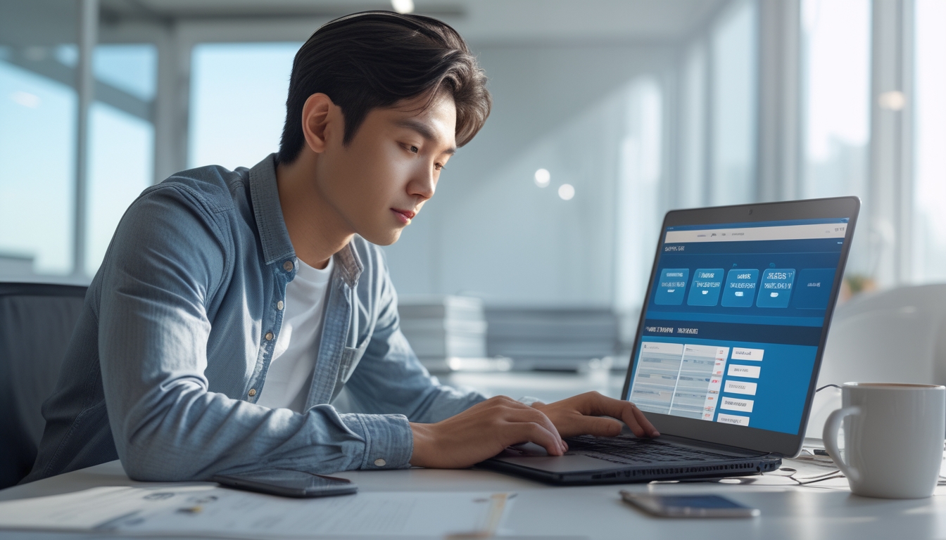 Seorang pria muda duduk di meja kerja dengan laptop dan beberapa layar komputer yang menampilkan grafik dan halaman situs, sedang fokus mengevaluasi pilihan situs togel online yang aman dan terpercaya.