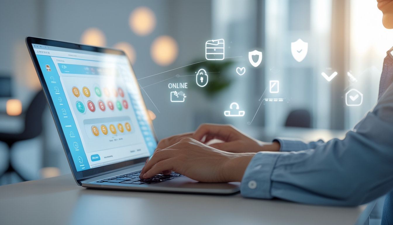 Seorang pengguna laptop di ruang kantor yang terang sedang melihat situs togel online yang aman dan terpercaya.