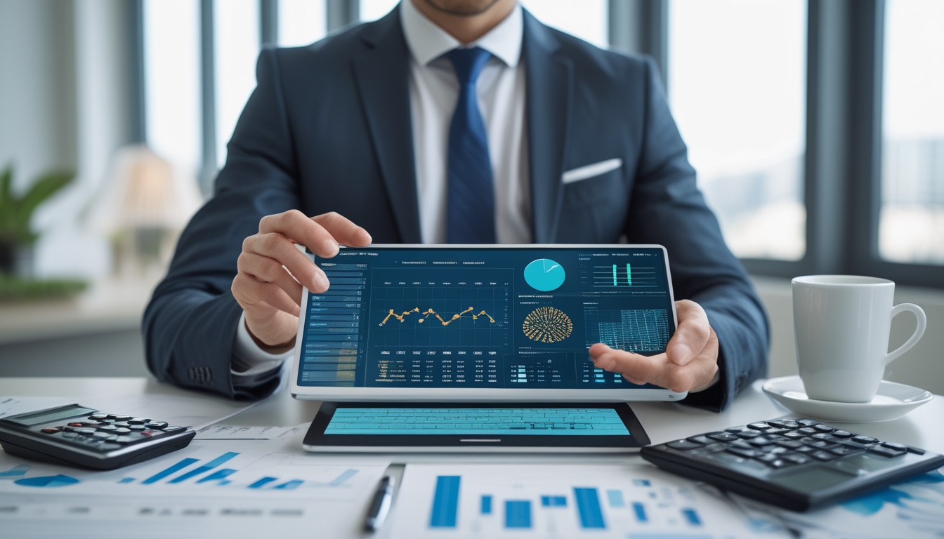 Seorang profesional bisnis sedang menganalisis data dan grafik di meja kantor modern dengan alat digital dan dokumen keuangan.