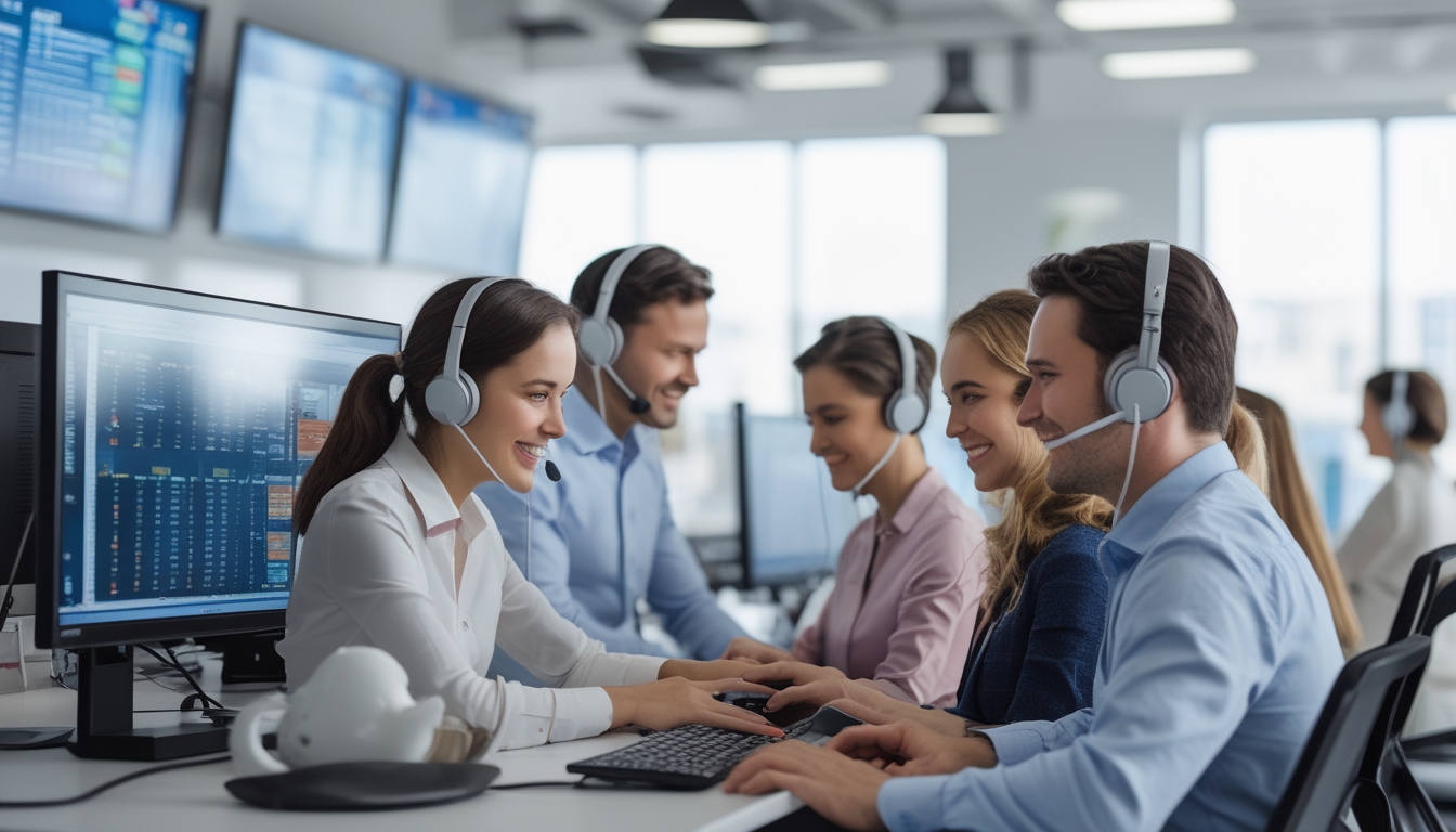 Pusat layanan pelanggan dengan agen yang menggunakan headset sedang membantu pelanggan di kantor modern yang terang.