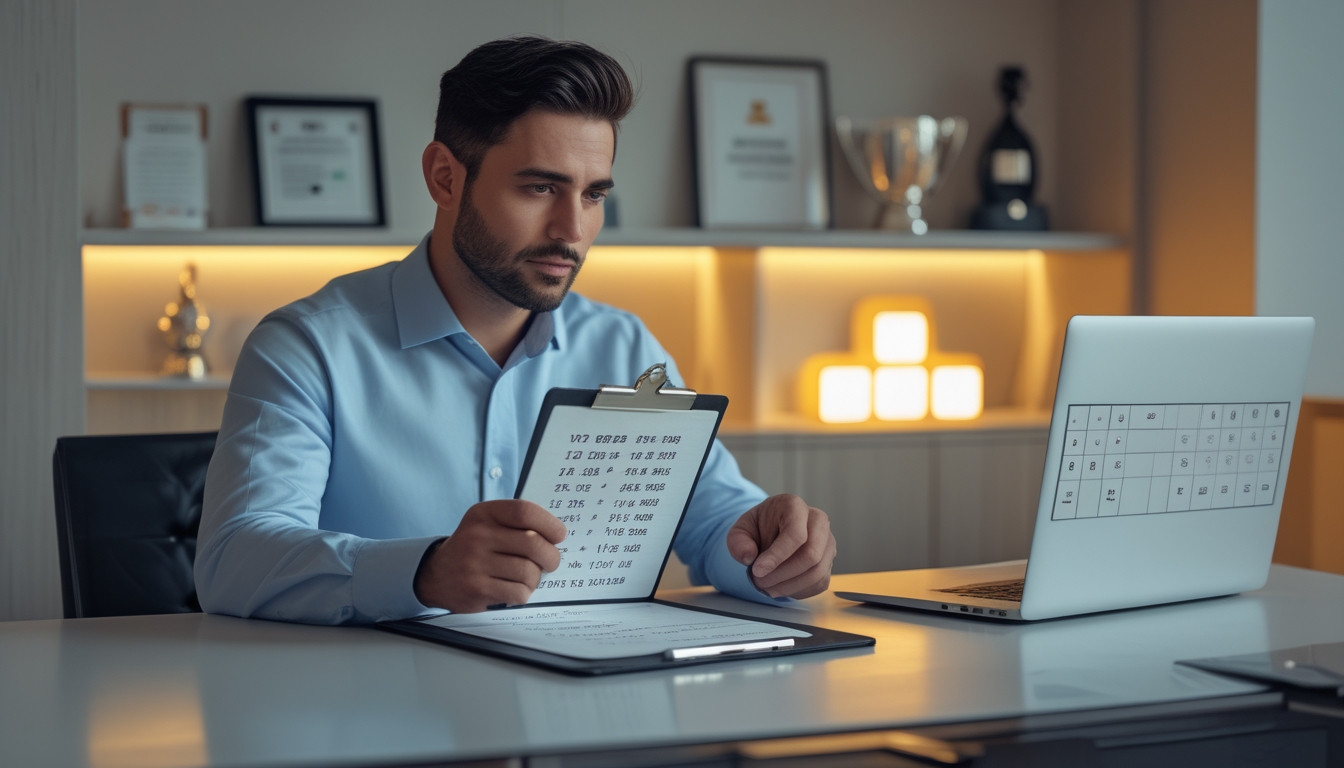 Seorang pria berpengalaman duduk di meja modern sambil meninjau daftar angka togel dengan laptop terbuka di depannya, di ruangan yang rapi dan terang.