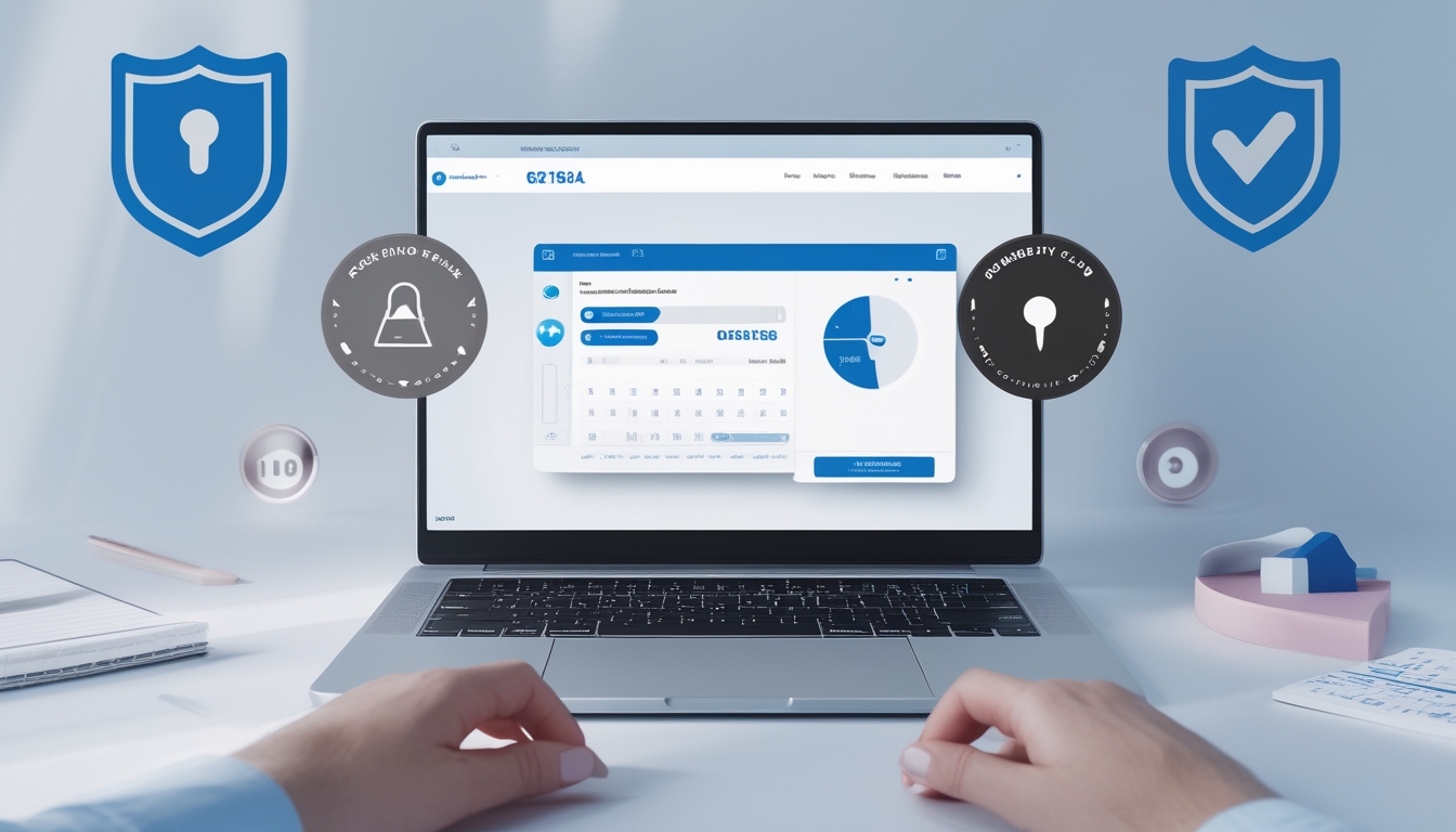 Seseorang menggunakan komputer dengan tampilan situs togel online yang profesional, dikelilingi simbol keamanan dan kepercayaan.