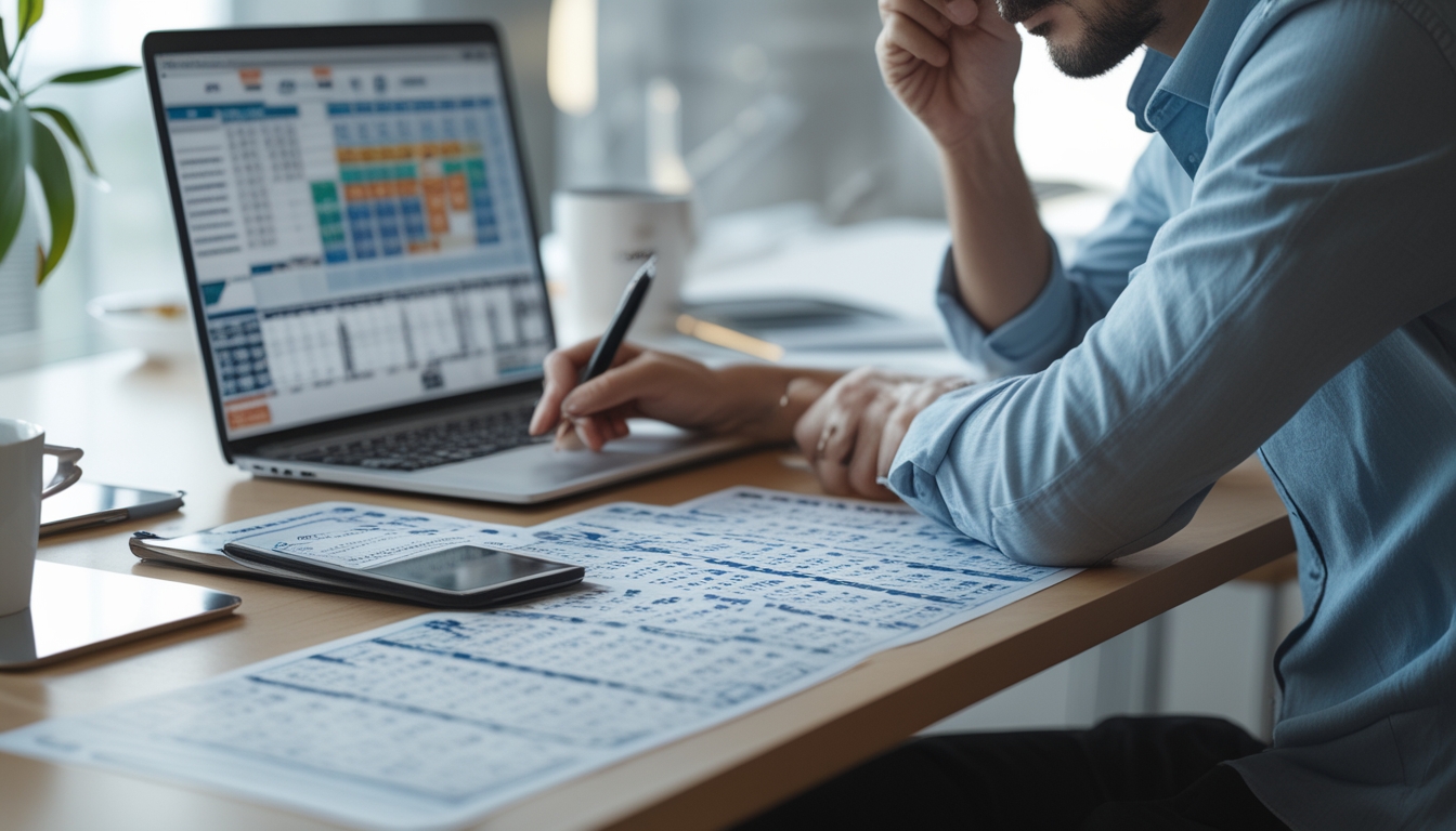 Seseorang sedang menganalisis data angka togel di meja kerja dengan laptop dan dokumen prediksi angka yang tersusun rapi.