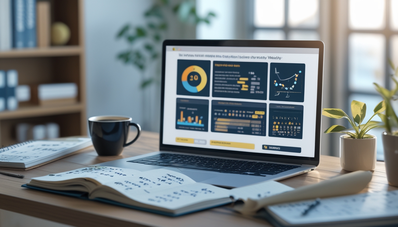 Meja kerja modern dengan laptop menampilkan grafik dan angka, buku catatan dengan tulisan tangan, dan secangkir kopi, menunjukkan suasana fokus dan analisis data togel.
