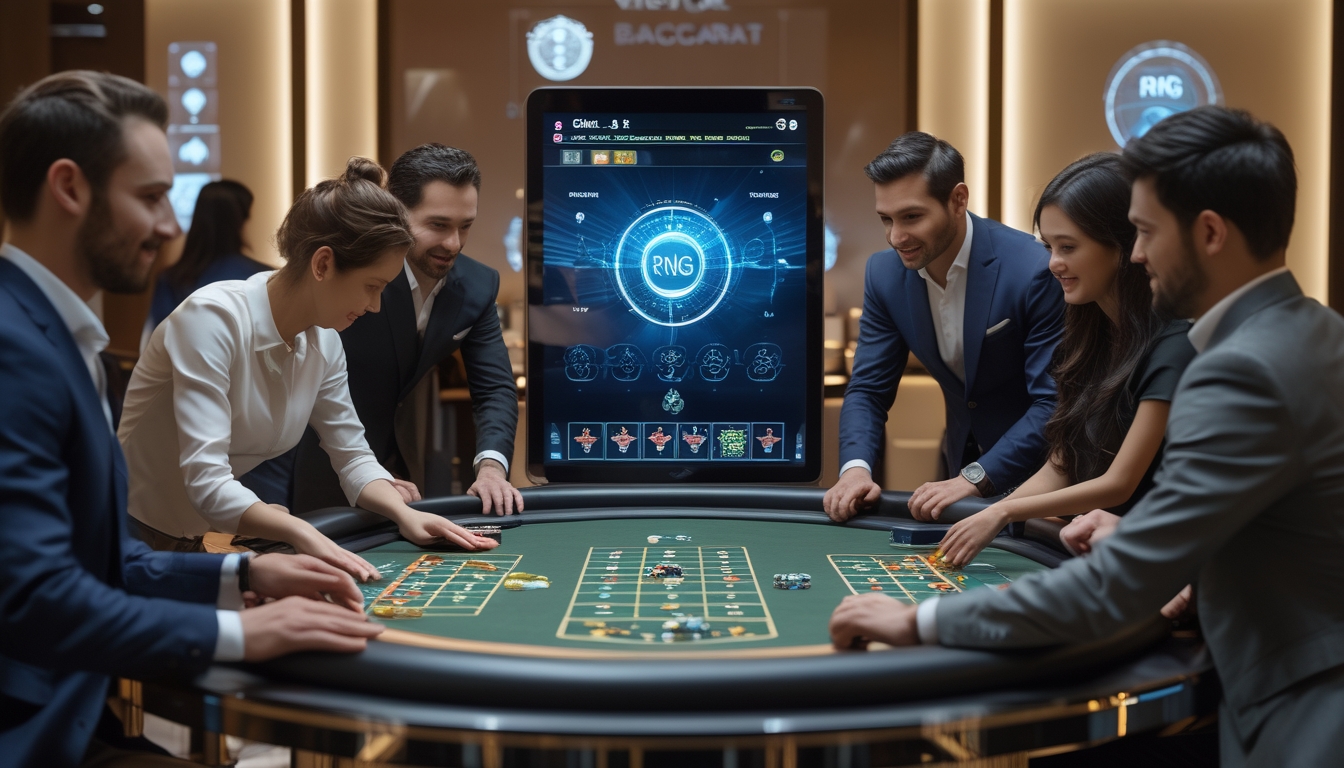 Beberapa orang bermain baccarat virtual di meja digital dengan kartu dan chip, di sebuah lounge permainan yang modern dan nyaman.