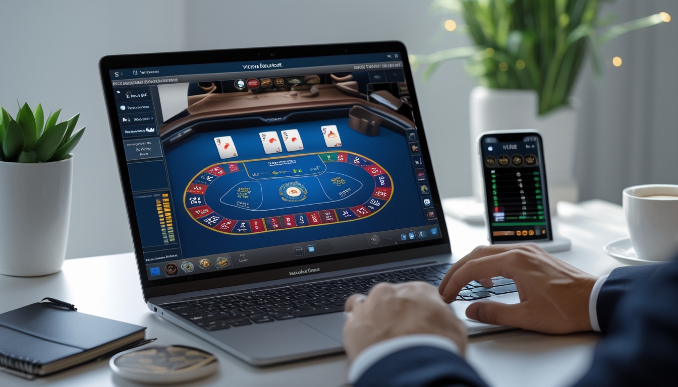 Sebuah meja kerja modern dengan komputer menampilkan permainan baccarat virtual dan beberapa alat pendukung seperti catatan strategi dan ponsel.