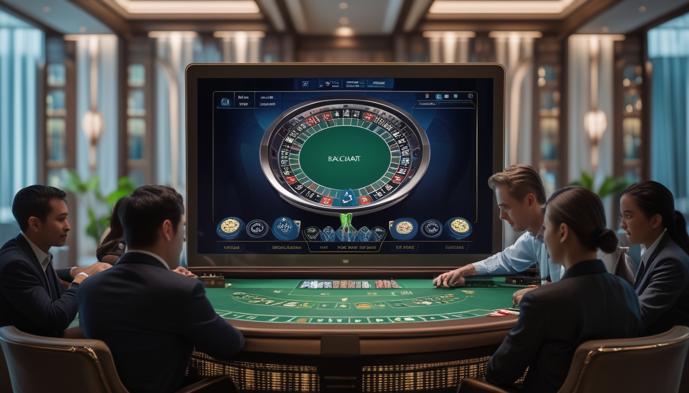 Meja baccarat virtual dengan layar komputer menampilkan kartu dan chip, beberapa pemain fokus bermain dalam ruangan modern.