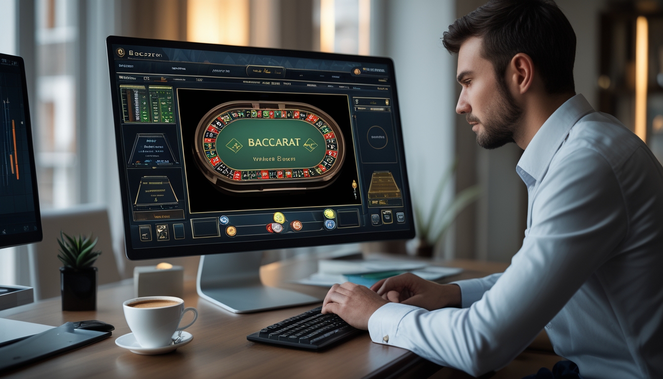 Seseorang yang fokus bermain permainan baccarat virtual di depan komputer dengan tampilan meja permainan dan kartu digital.
