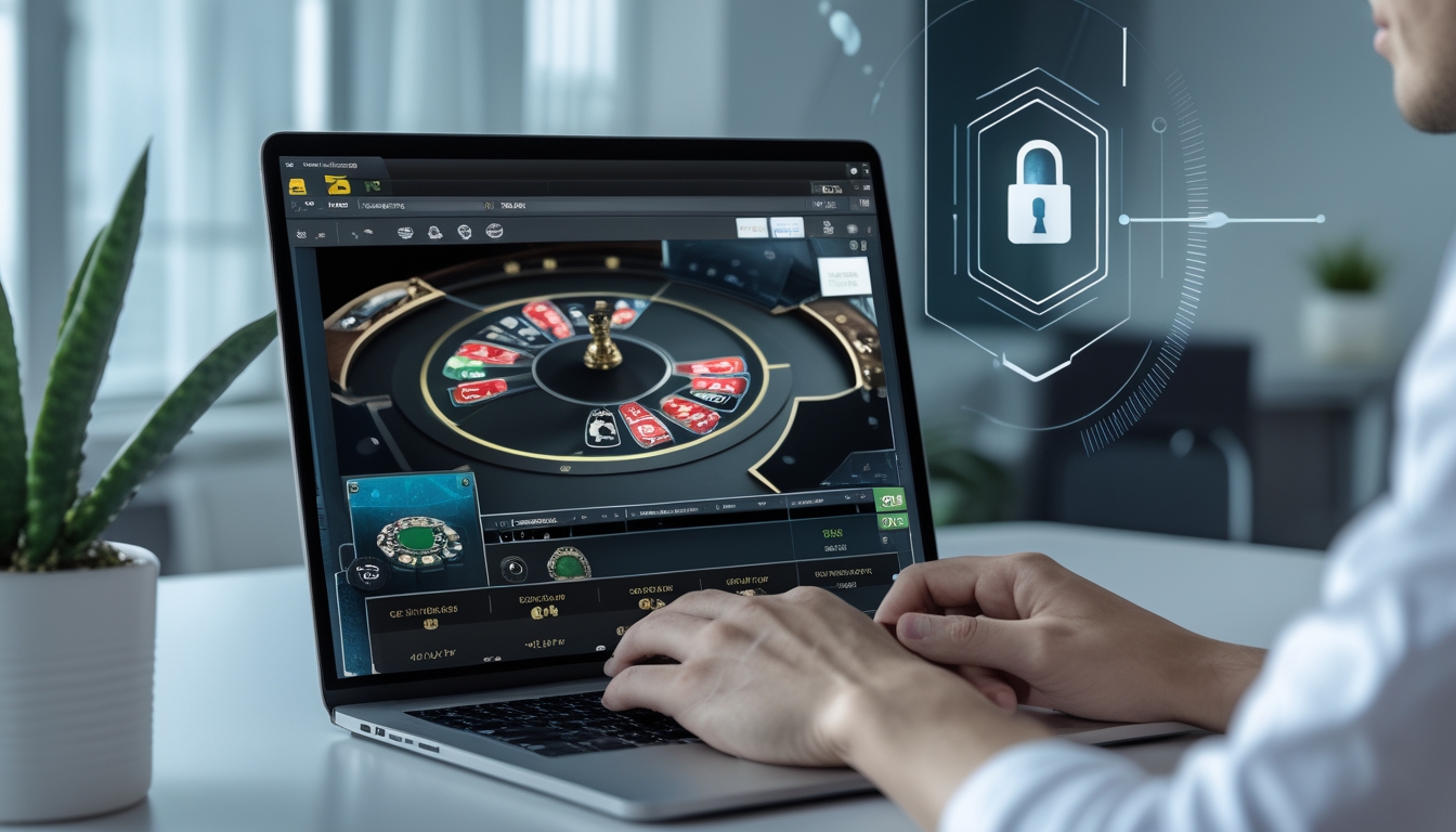 Seseorang menggunakan laptop di meja kerja dengan tampilan permainan baccarat virtual dan simbol keamanan digital di latar belakang.