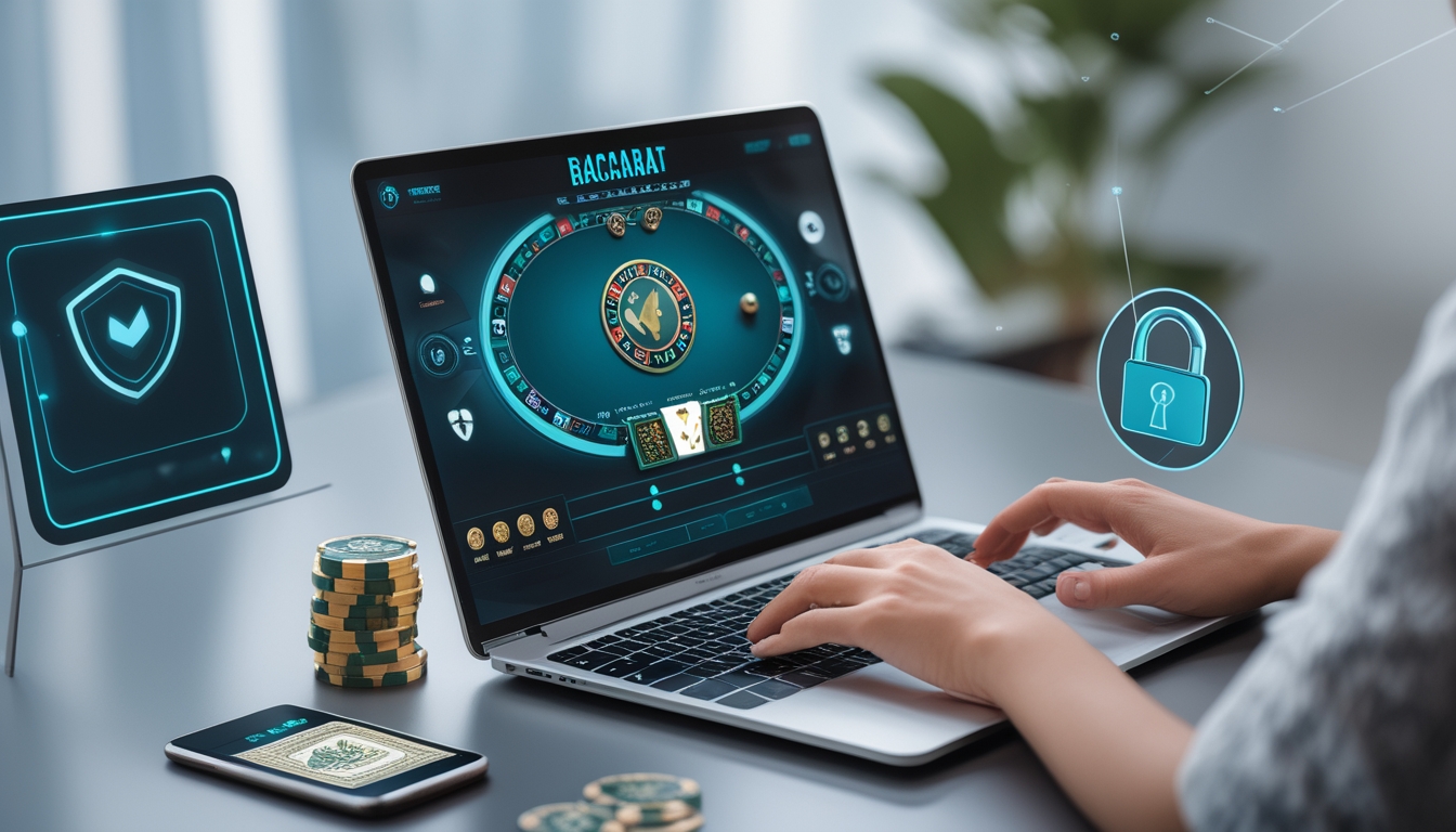 Seseorang menggunakan laptop dengan tampilan permainan baccarat virtual di layar, dikelilingi simbol keamanan dan kepercayaan.