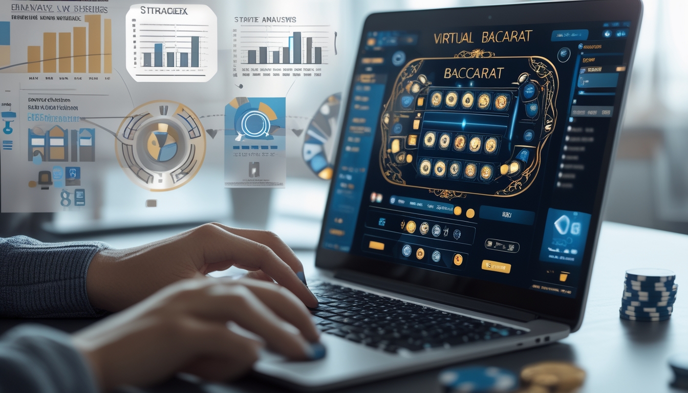 Seorang pemain fokus menggunakan komputer dengan tampilan permainan baccarat virtual dan simbol-simbol strategi di sekitarnya.
