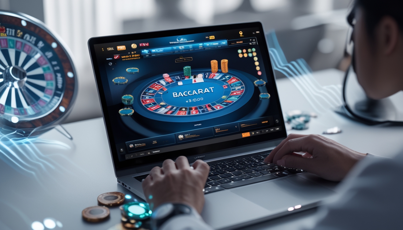 Seorang pemain menggunakan laptop dengan tampilan permainan baccarat virtual di layar, di meja kerja yang rapi dan terang.