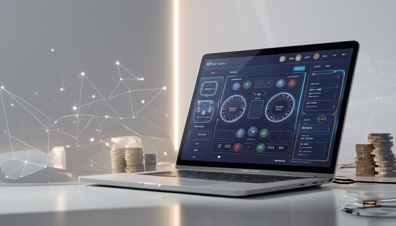 Sebuah layar komputer menampilkan permainan Baccarat virtual dengan chip dan kartu, dikelilingi elemen teknologi digital.