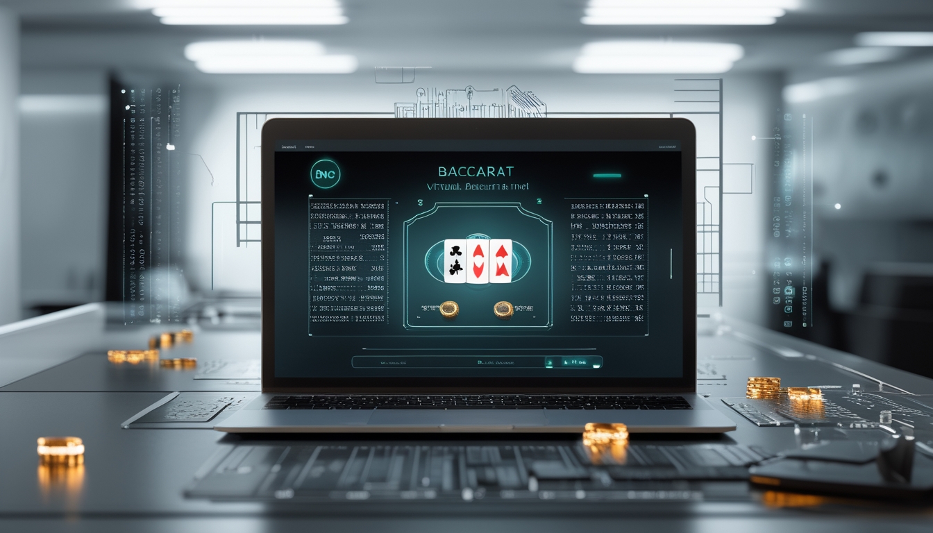 Sebuah komputer menampilkan permainan baccarat virtual dengan kartu dan chip digital, dikelilingi oleh elemen grafis yang menggambarkan teknologi RNG di meja kerja modern.