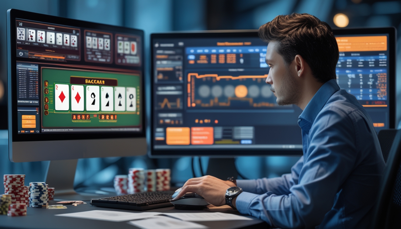 Seorang individu serius sedang menganalisis permainan baccarat virtual di depan beberapa monitor dengan grafik dan kartu baccarat di ruangan kantor modern.