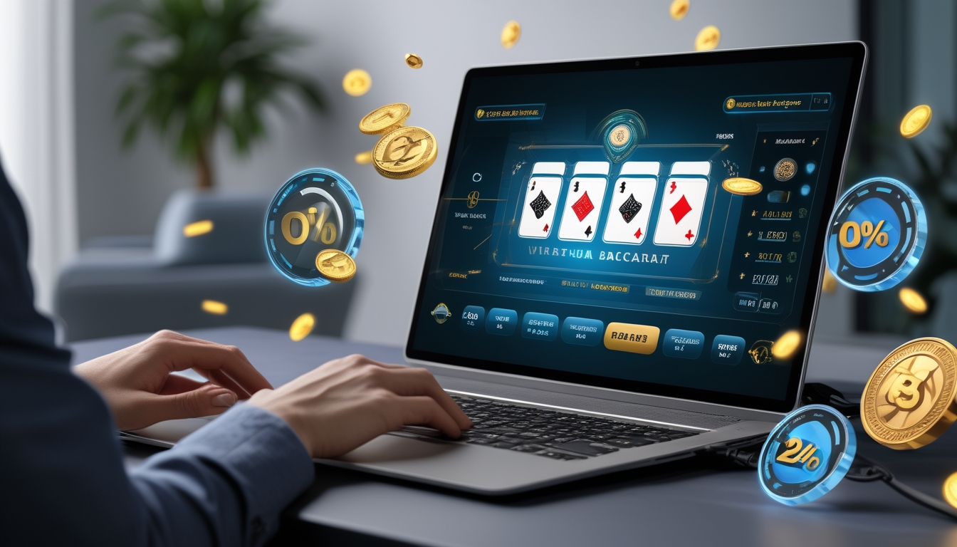 Seorang pemain fokus menggunakan komputer dengan tampilan permainan baccarat virtual di layar, di lingkungan ruangan yang rapi dan terang.