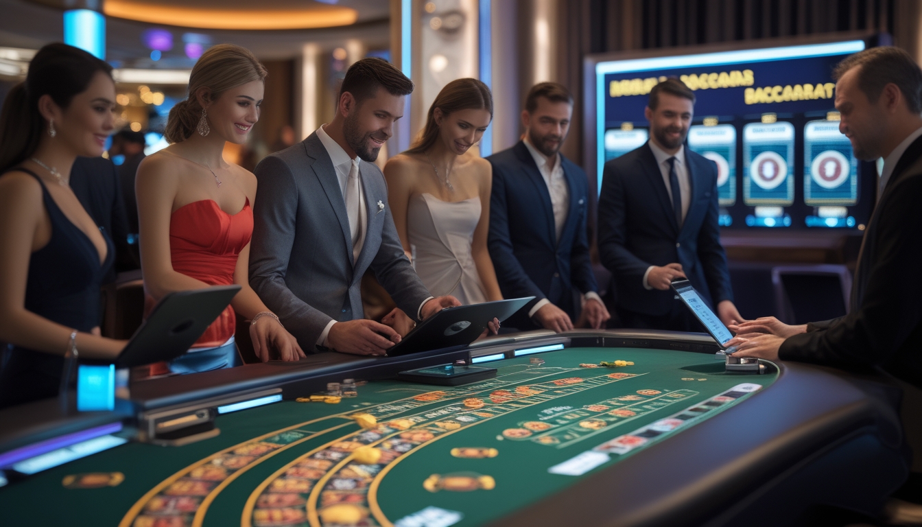 Sejumlah pemain berpakaian rapi sedang bermain baccarat virtual menggunakan perangkat digital di meja kasino modern.