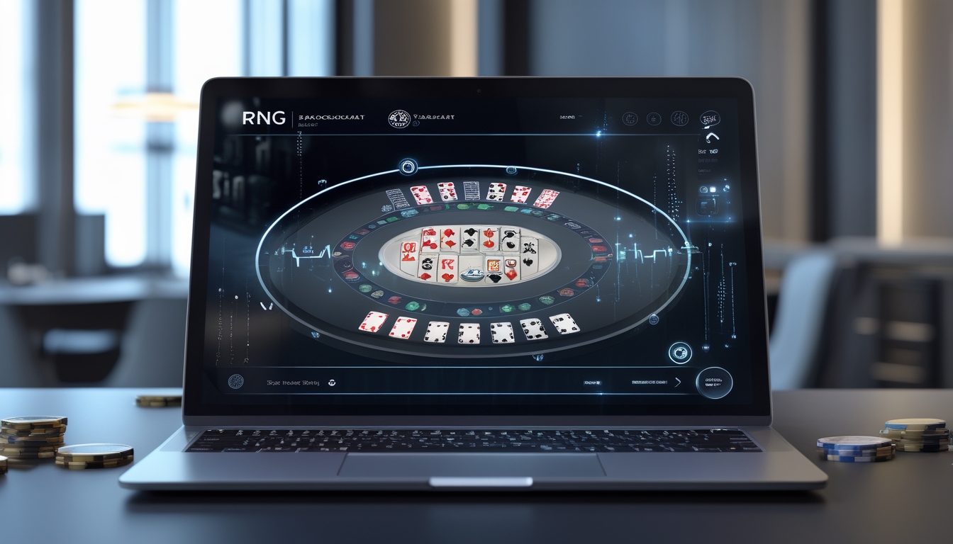 Sebuah meja kerja modern dengan layar komputer menampilkan permainan baccarat virtual dan elemen digital yang menunjukkan teknologi RNG.