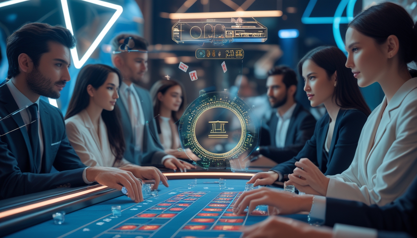 Seorang kelompok pemain beragam duduk di depan meja baccarat virtual dengan grafik holografik RNG dan animasi kartu digital di latar belakang.