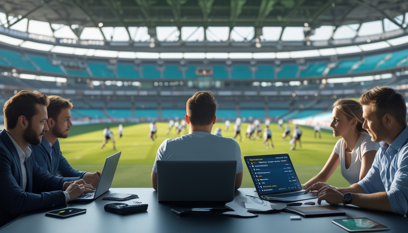 Sekelompok orang sedang melihat layar digital dan perangkat elektronik sambil mengikuti pertandingan rugby di stadion.