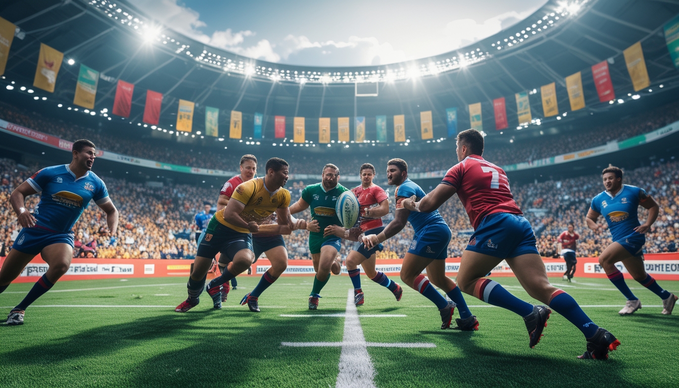 Pertandingan rugby yang intens dengan pemain beraksi di lapangan hijau dan penonton bersorak di stadion.