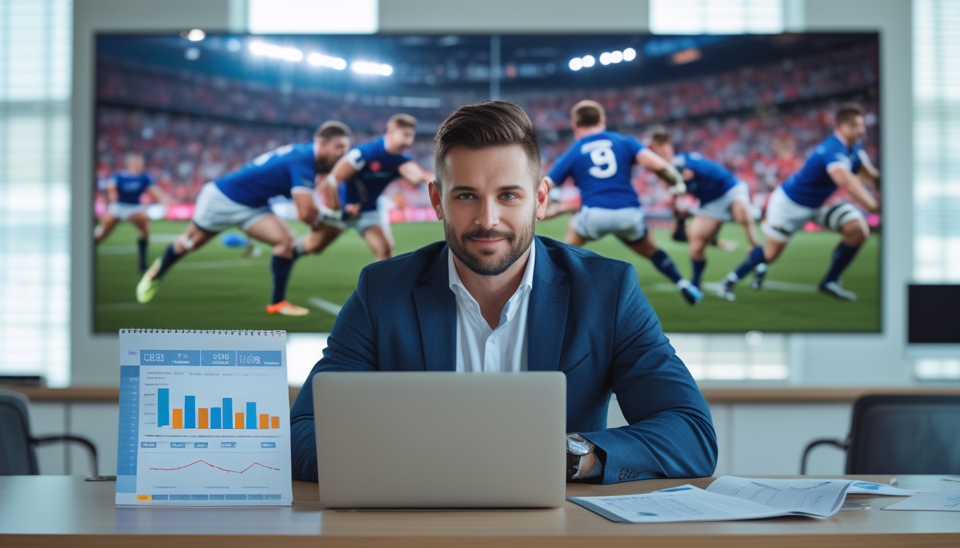 Seorang pria duduk di meja dengan laptop, melihat pertandingan rugby di layar besar dan menganalisis peluang taruhan.