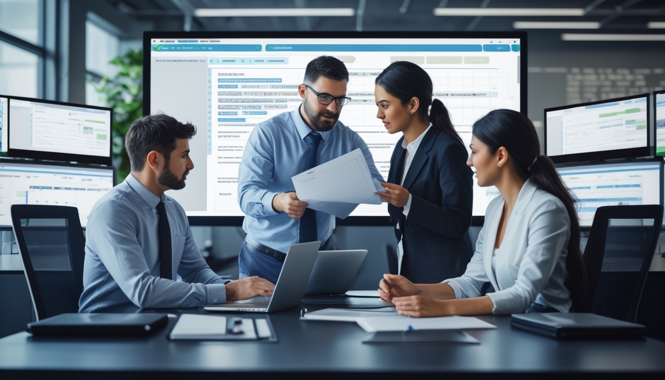 Sekelompok profesional bekerja bersama di kantor modern dengan layar digital yang menampilkan data keamanan dan dokumen hukum, dengan bola rugby dan grafik taruhan olahraga di latar belakang.