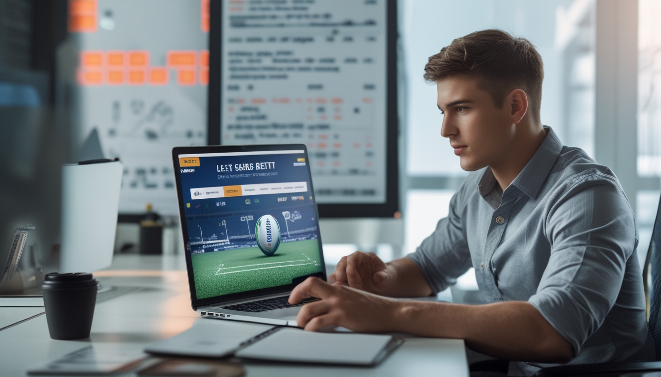 Seorang pria muda fokus menggunakan laptop di kantor dengan bola rugby dan grafik statistik di meja.