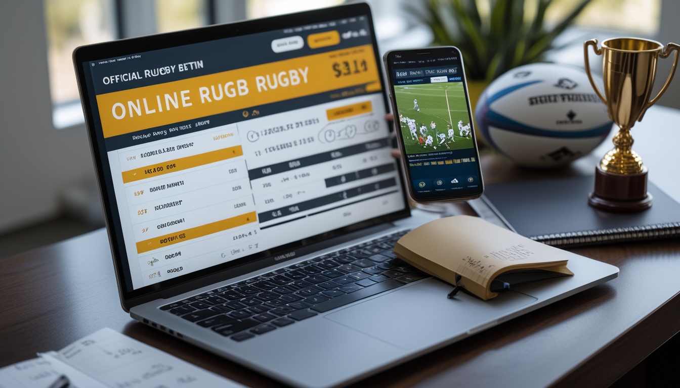 Meja kerja dengan laptop menampilkan statistik rugby, ponsel dengan pertandingan rugby langsung, bola rugby, dan trofi kecil di latar belakang.