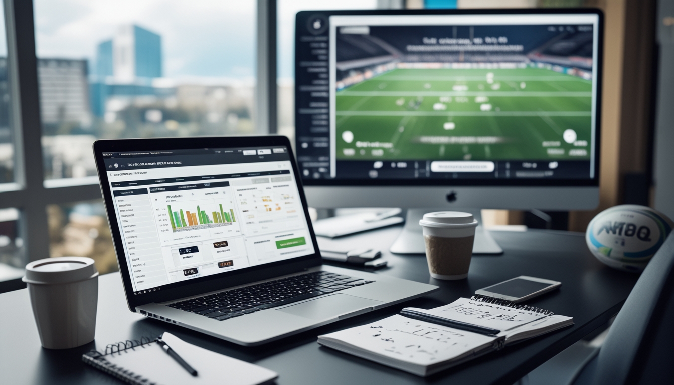 Meja kerja dengan laptop yang menampilkan situs taruhan rugby online, secangkir kopi, catatan, dan layar besar yang menampilkan pertandingan rugby.