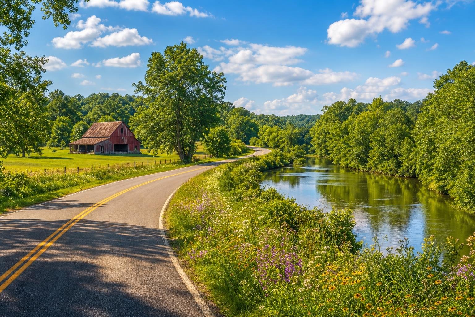 A winding country road surrounded by green trees and wildflowers with a river and a red barn in the background under a blue sky.