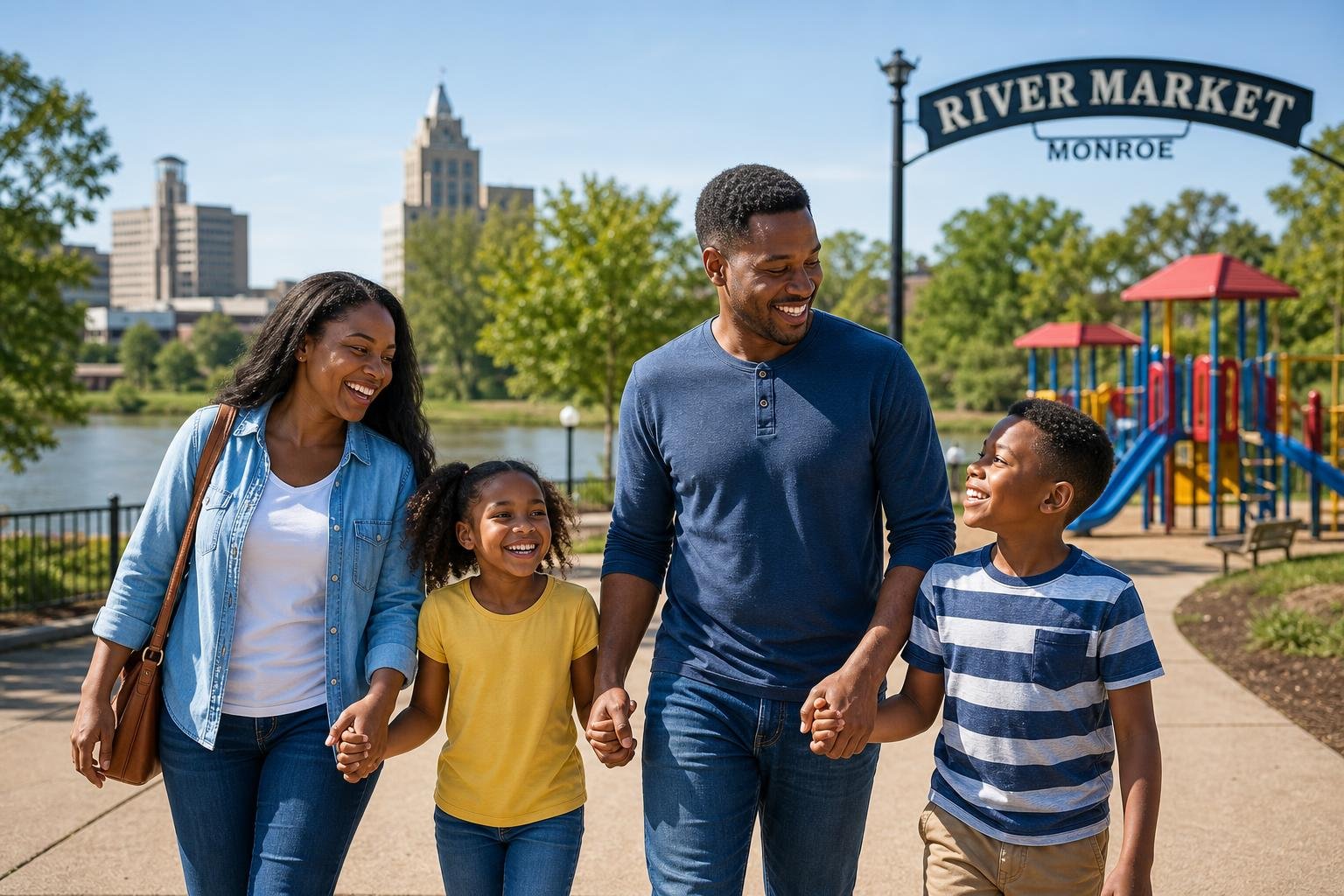 A family enjoying outdoor activities together at a park with green trees and playground equipment, with a scenic background typical of Monroe, Louisiana.
