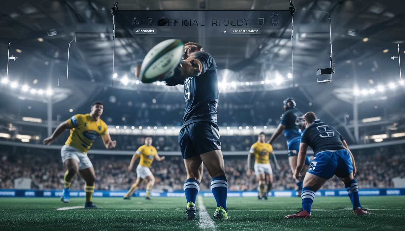 Adegan pertandingan rugby dengan bola di udara dan pemain yang beraksi di stadion penuh penonton.