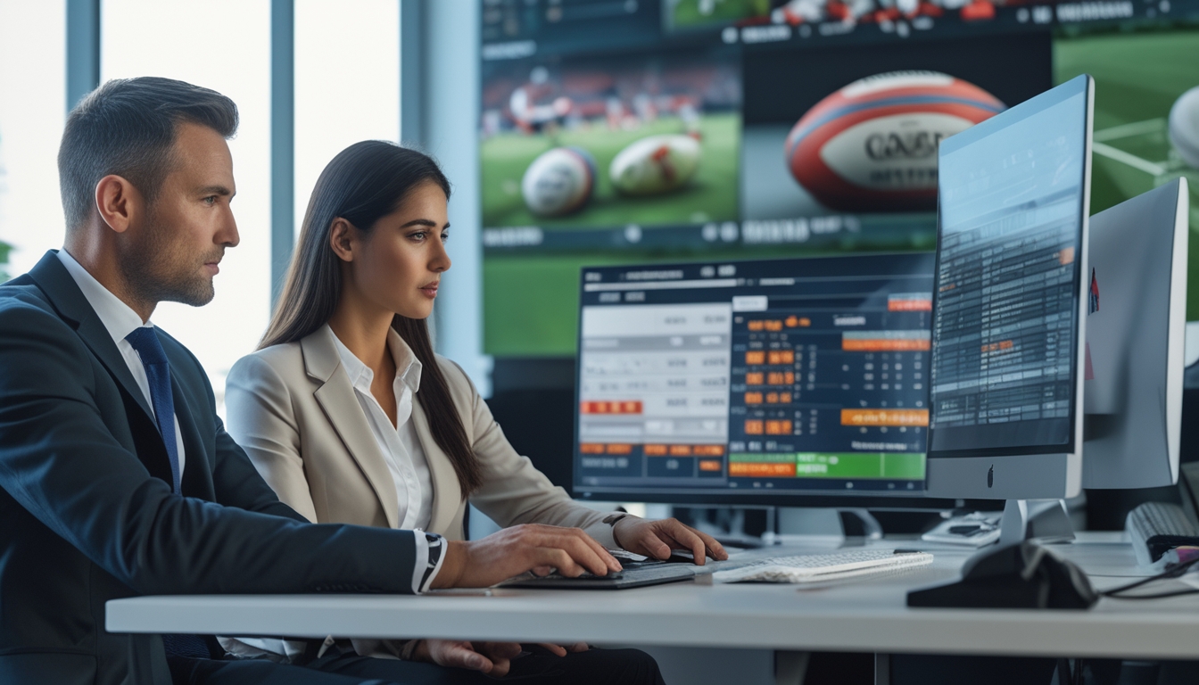 Dua profesional sedang menganalisis strategi taruhan rugby di kantor modern dengan layar digital yang menampilkan statistik pertandingan.