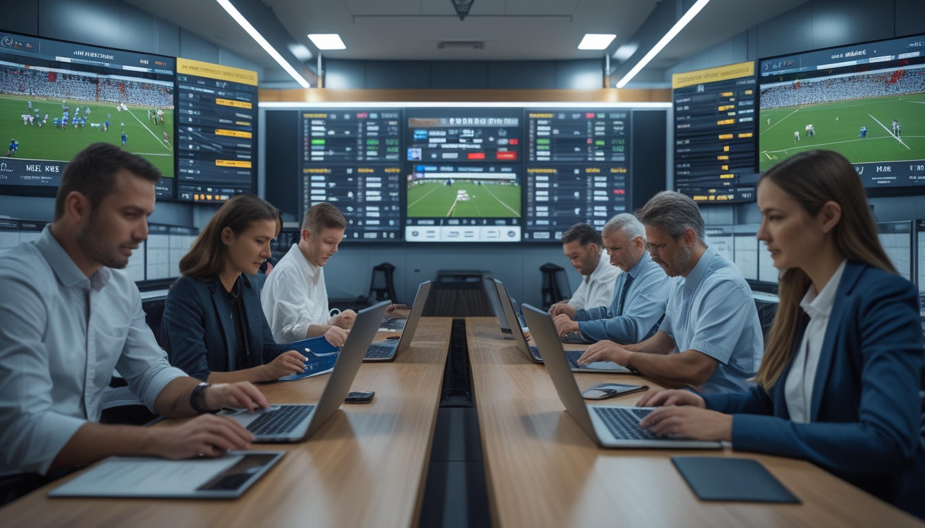 Orang-orang sedang memperbarui daftar taruhan rugby dengan layar digital yang menampilkan statistik pertandingan rugby terbaru.