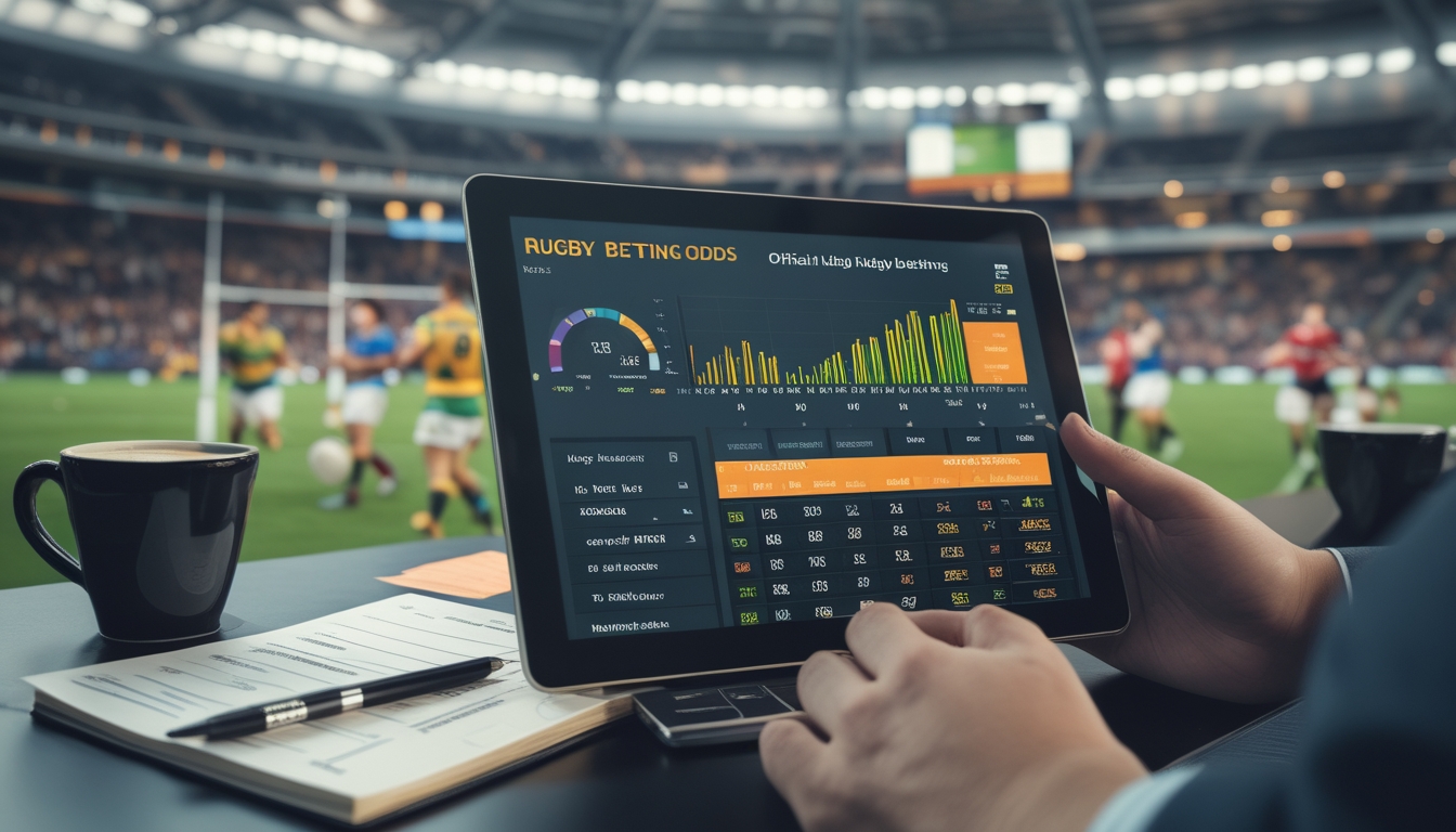 Seseorang menggunakan tablet yang menampilkan odds taruhan rugby dengan latar belakang stadion rugby dan pemain yang sedang bertanding.