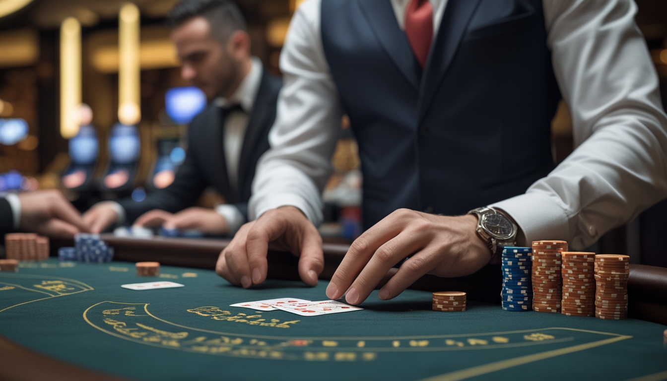 Seorang pemain di meja baccarat di kasino sedang menempatkan taruhan dengan kartu dan chip, menunjukkan fokus dan strategi permainan.