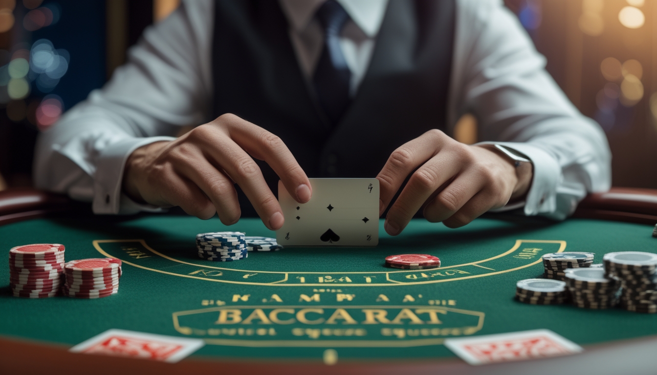 Tangan seorang dealer sedang melakukan teknik squeeze kartu di meja permainan baccarat dengan tumpukan chip dan kartu di atas meja.
