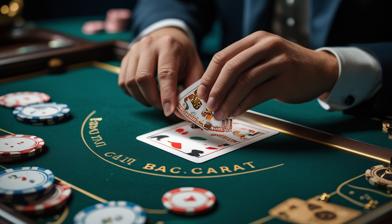 Tangan pemain sedang meremas kartu di meja baccarat dengan chip dan suasana kasino di latar belakang.