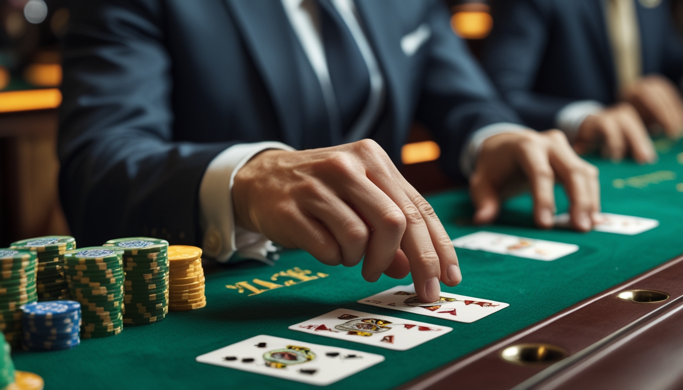 Tangan pemain sedang melakukan control squeeze pada kartu Baccarat di meja kasino dengan latar belakang suasana kasino.