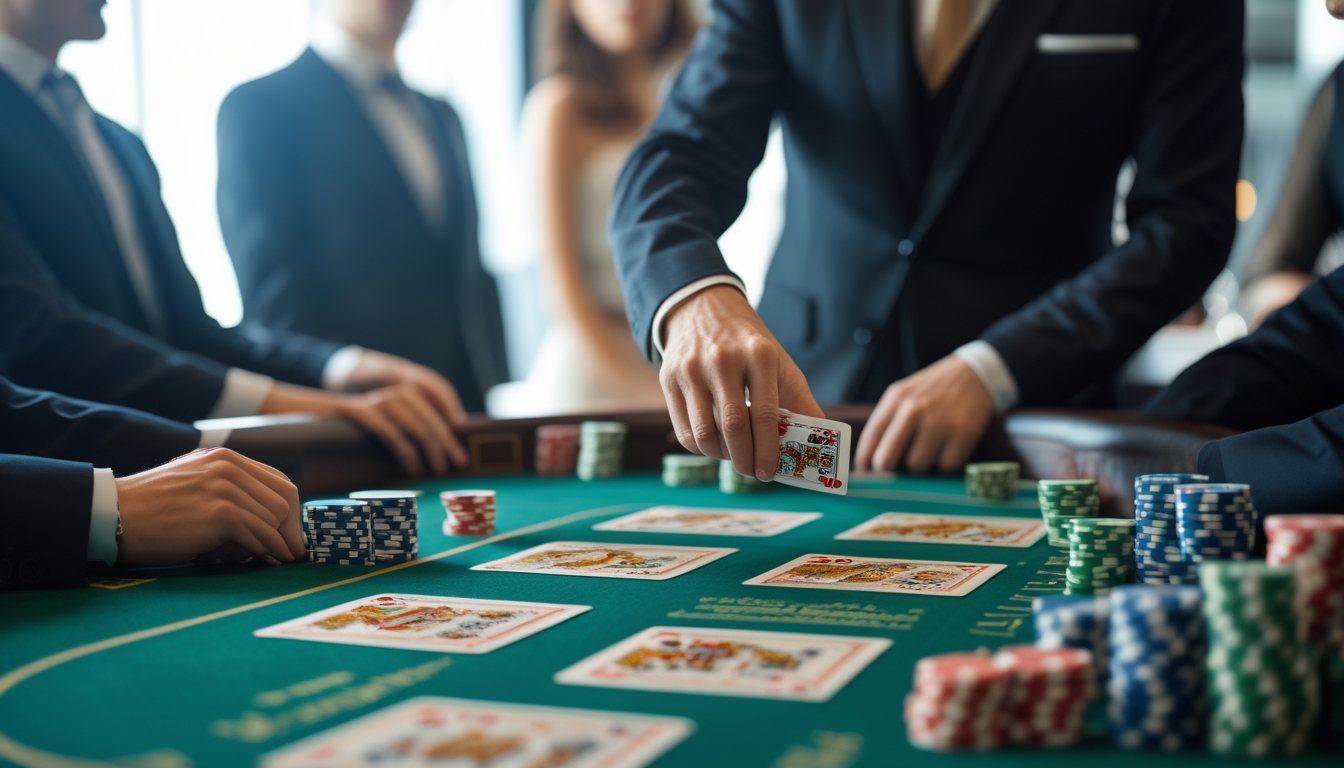 Seorang dealer sedang melakukan kontrol squeeze pada kartu baccarat di meja kasino dengan beberapa pemain yang mengamati.