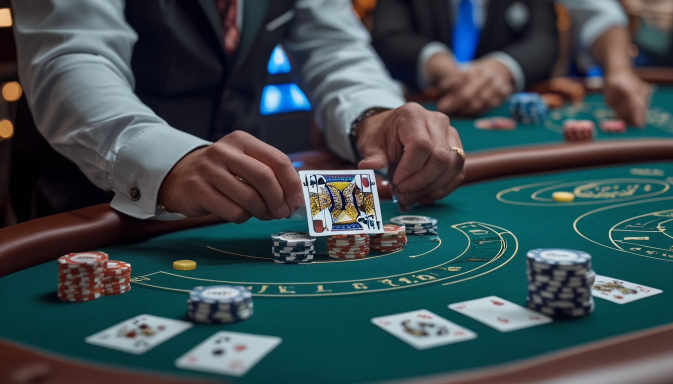 Seorang pemain sedang melakukan teknik squeeze kartu di meja permainan Baccarat dengan chip dan kartu di sekitarnya di dalam kasino.