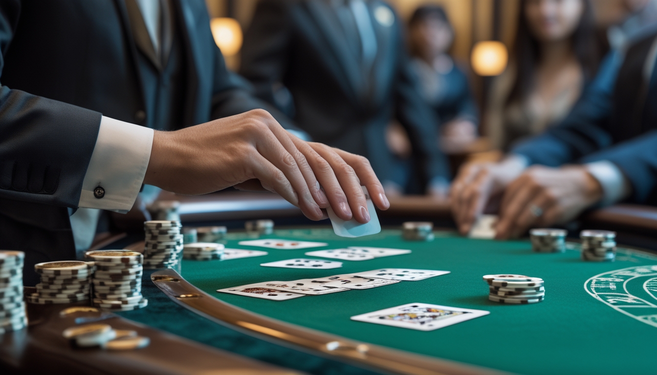 Meja baccarat dengan kartu yang sedang ditekan perlahan oleh tangan pemain di kasino mewah.