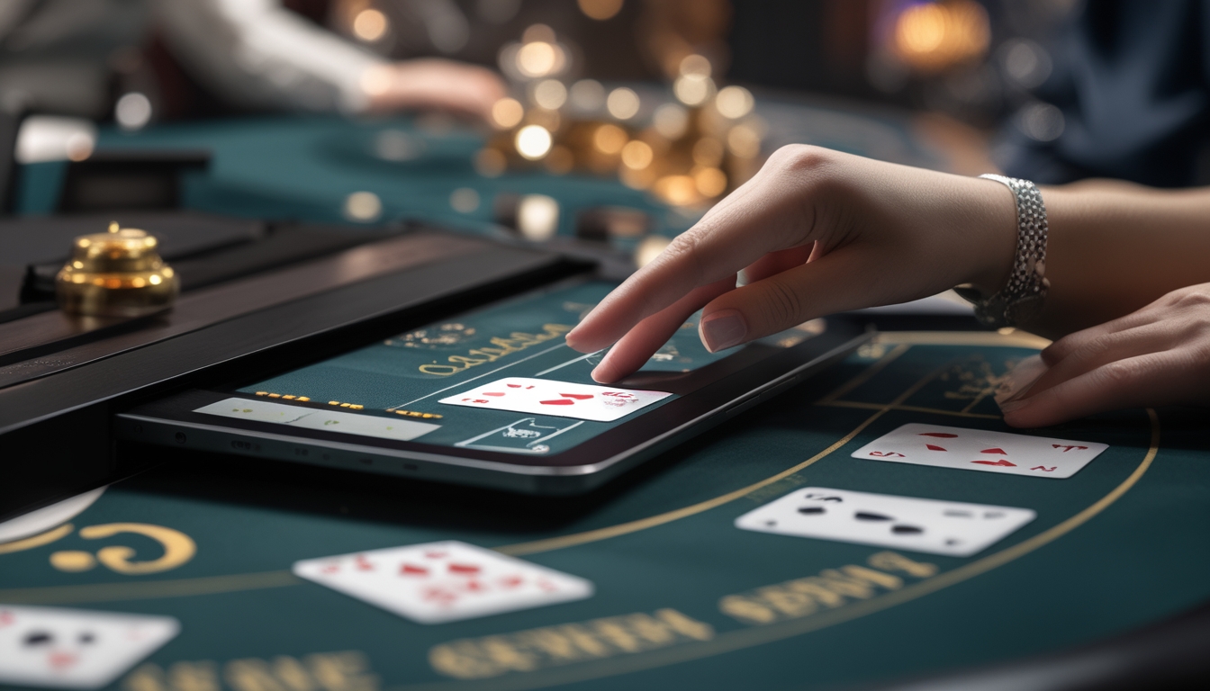 Tangan pemain sedang membuka kartu di meja baccarat digital pada layar komputer atau tablet.