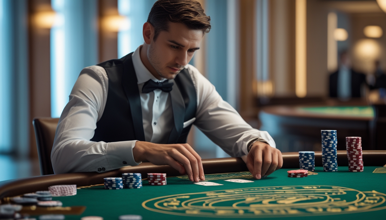 Seorang pemain berpakaian rapi sedang memperhatikan meja baccarat di kasino dengan dealer yang sedang membuka kartu secara perlahan.