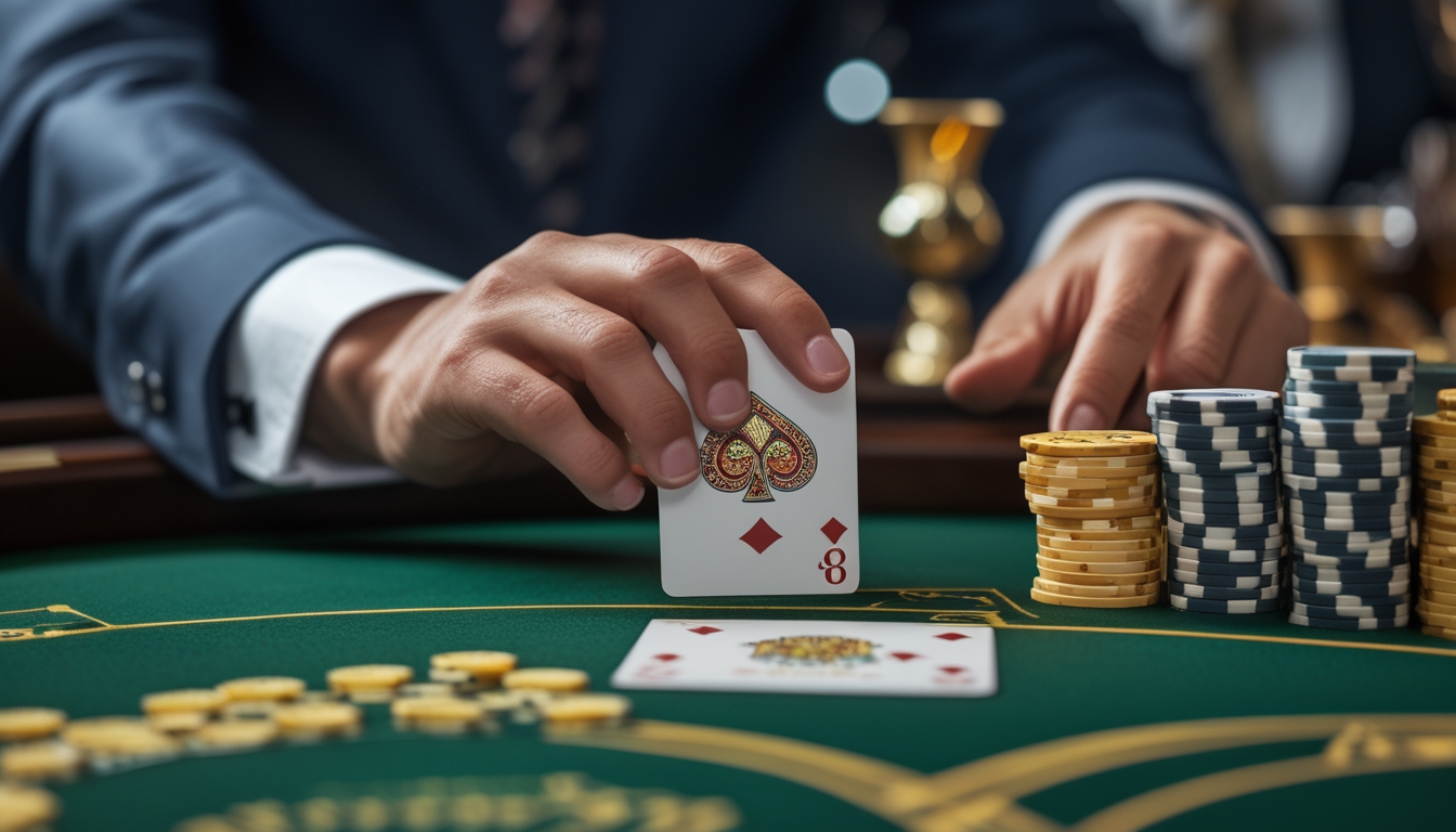Tangan seorang pemain yang sedang melakukan kontrol squeeze pada kartu baccarat di meja kasino dengan chip dan suasana fokus.